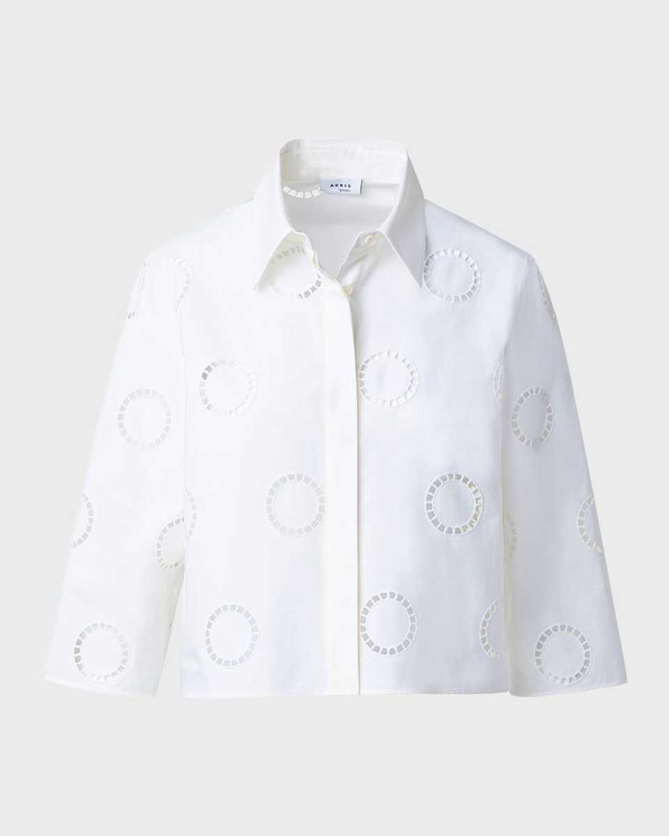 Circle Eyelet Embroidered Cotton Poplin Crop Collared Shirt